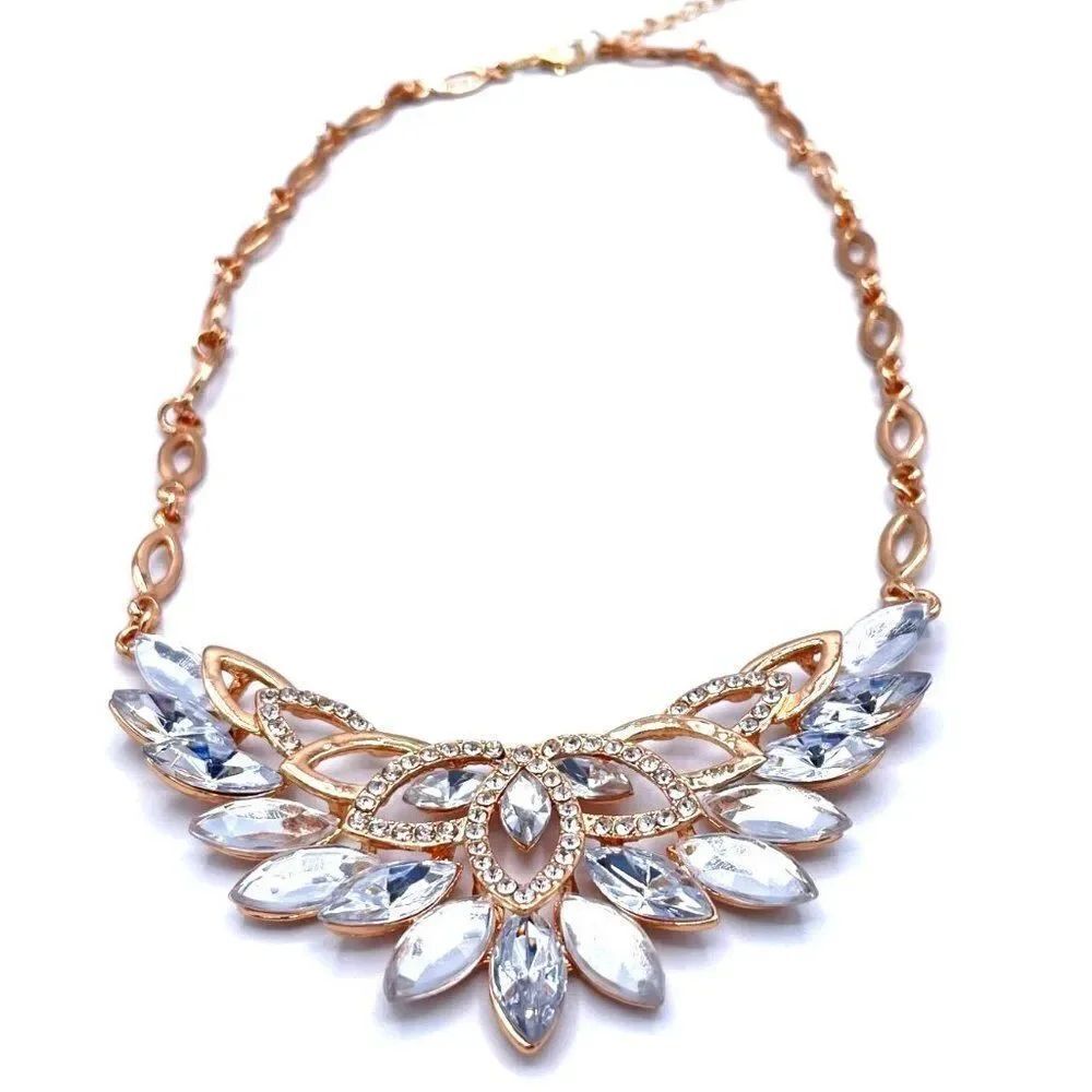 Yellow Gold with White Diamond Crystal Center Drop Adjustable Necklace